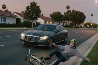 A surreal cinematic scene unfolds on a quiet American suburban road during prime time. A teenager wearing a brightly colored helmet is riding his bike on a narrow sidewalk. Suddenly, a dark-colored luxury sedan speeds towards him, sending the boy tumbling to the ground in front of the car.